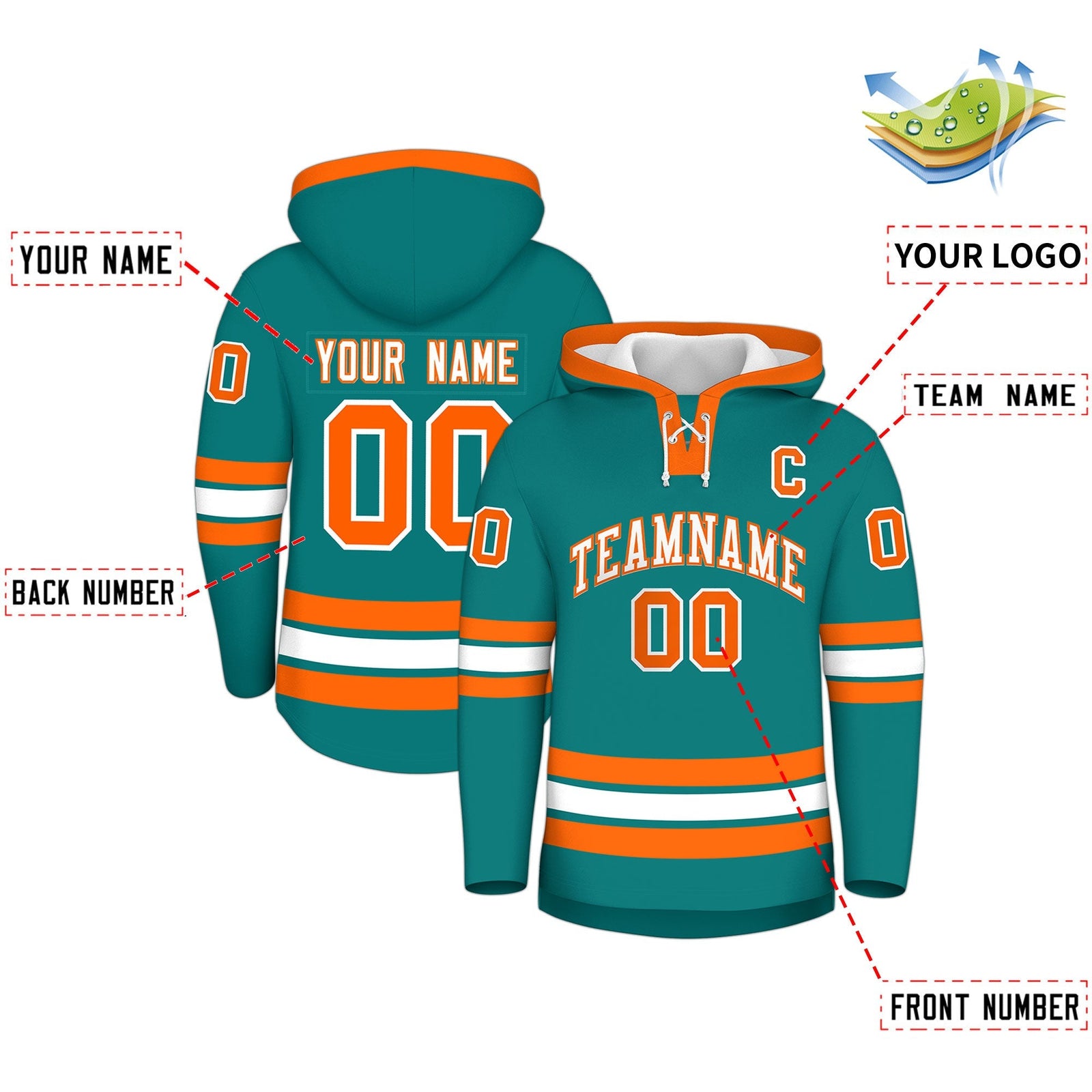 Custom Hockey Hoodie Jersey Teal Orange Classic Style Add Name,Number & Logo