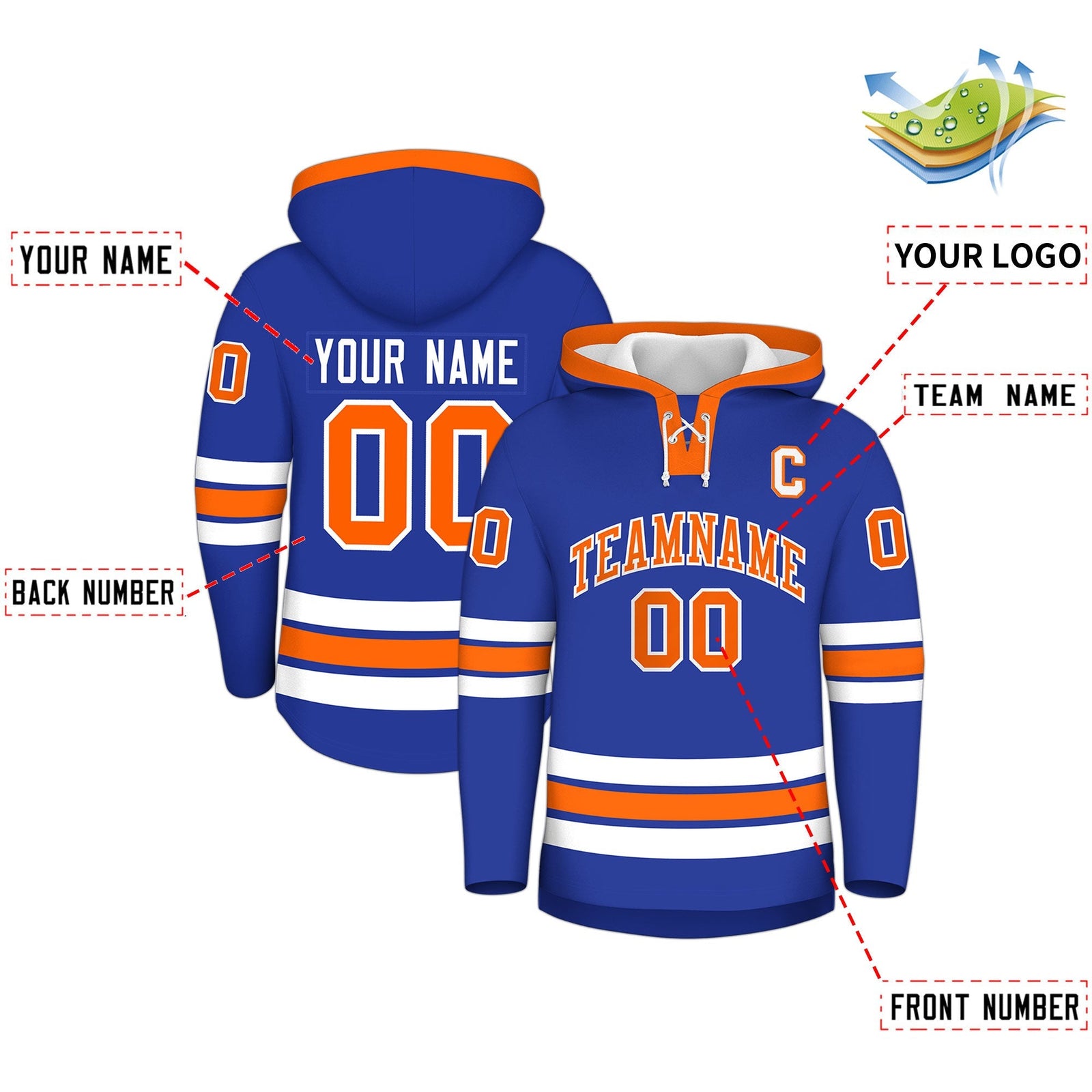 Custom Hockey Hoodie Jersey Royal Blue Orange Classic Style for Men&Youth