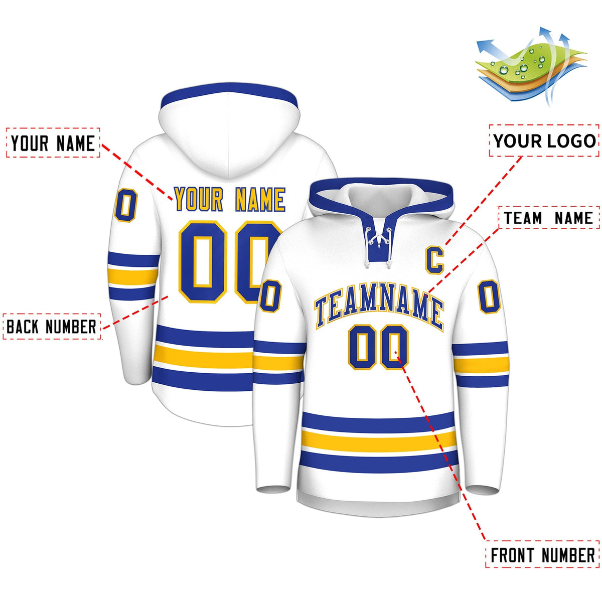 Custom Hockey Hoodie Jersey White Royal Blue Classic Style Add Name,Number &amp; Logo