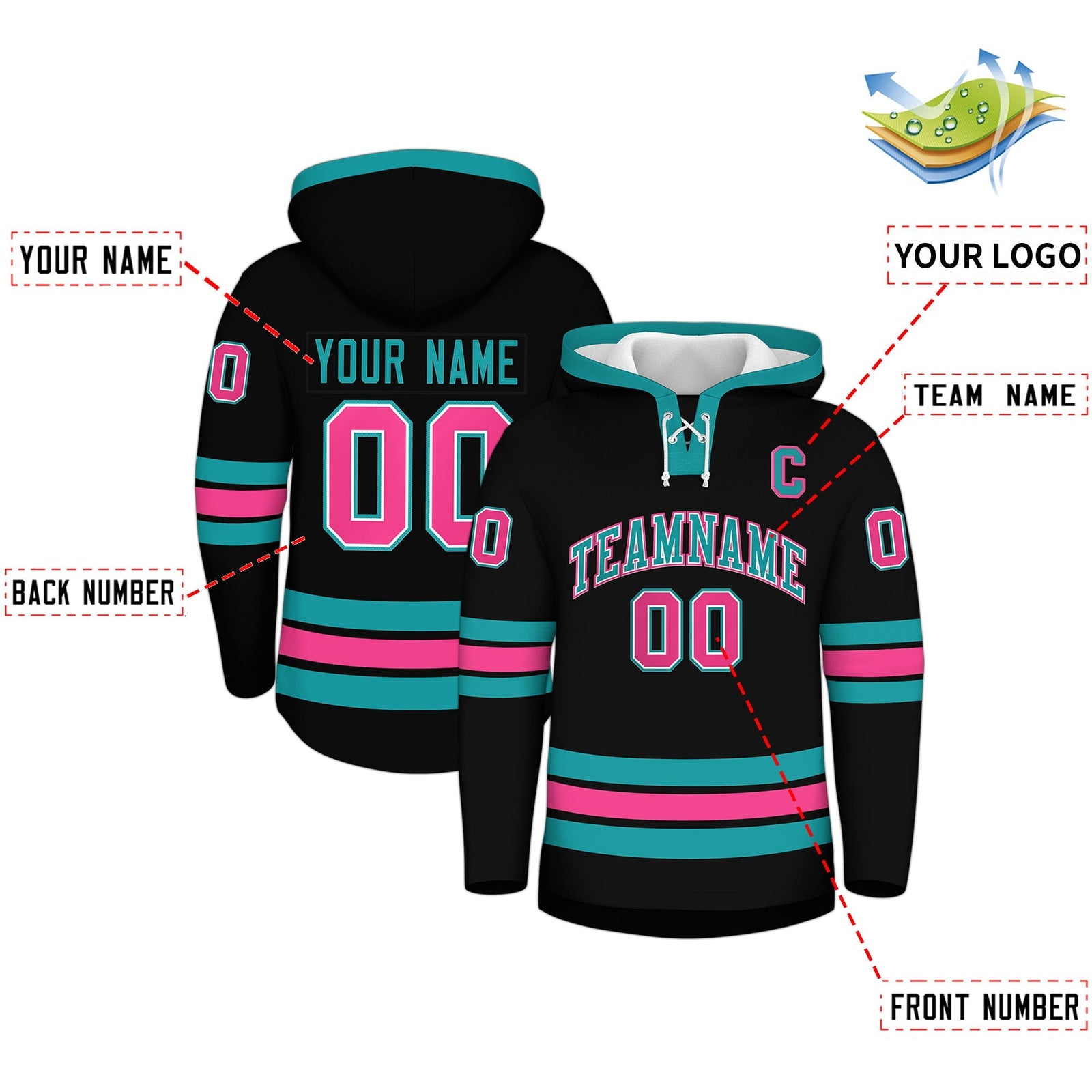 Custom Hockey Hoodie Jersey Black Aqua Classic Style Add Name,Number & Logo