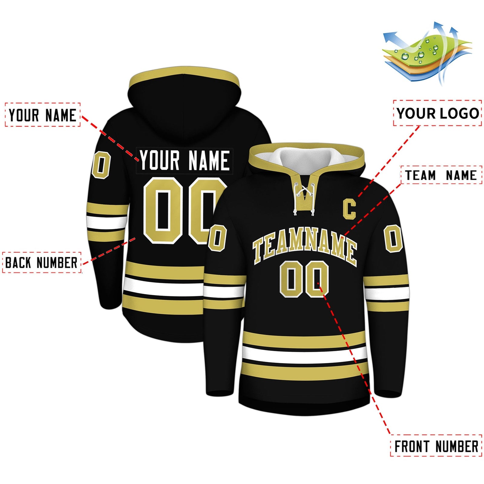 Custom Hockey Hoodie Jersey Black Old Gold Classic Style for Men&Youth