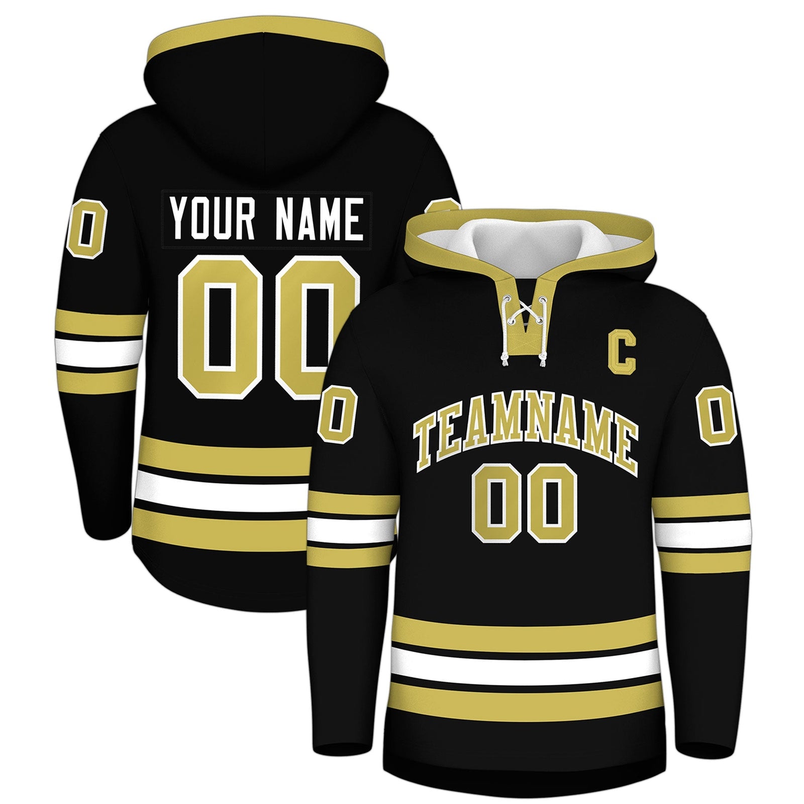 Custom Hockey Hoodie Jersey Black Old Gold Classic Style for Men&Youth