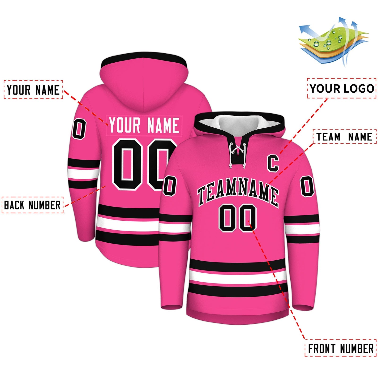 Custom Hockey Hoodie Jersey Pink Black Classic Style Add Name,Number & Logo