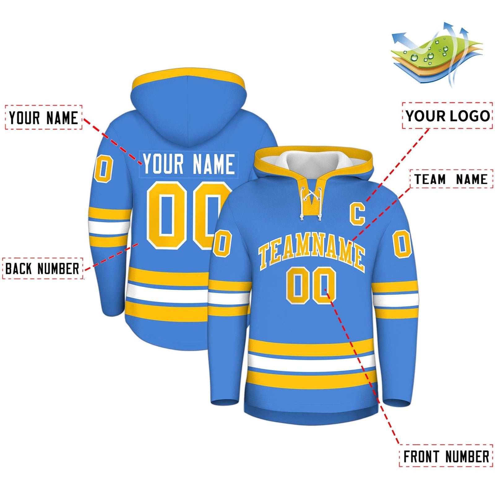 Custom Hockey Hoodie Jersey Powder Blue Gold Classic Style Add Name,Number & Logo