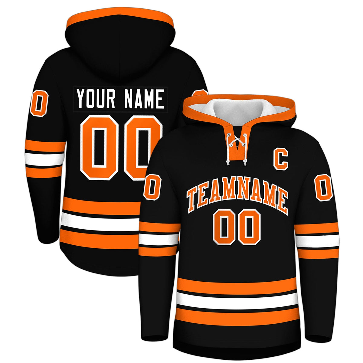 Custom Hockey Hoodie Jersey Black Orange Classic Style Add Name,Number &amp; Logo