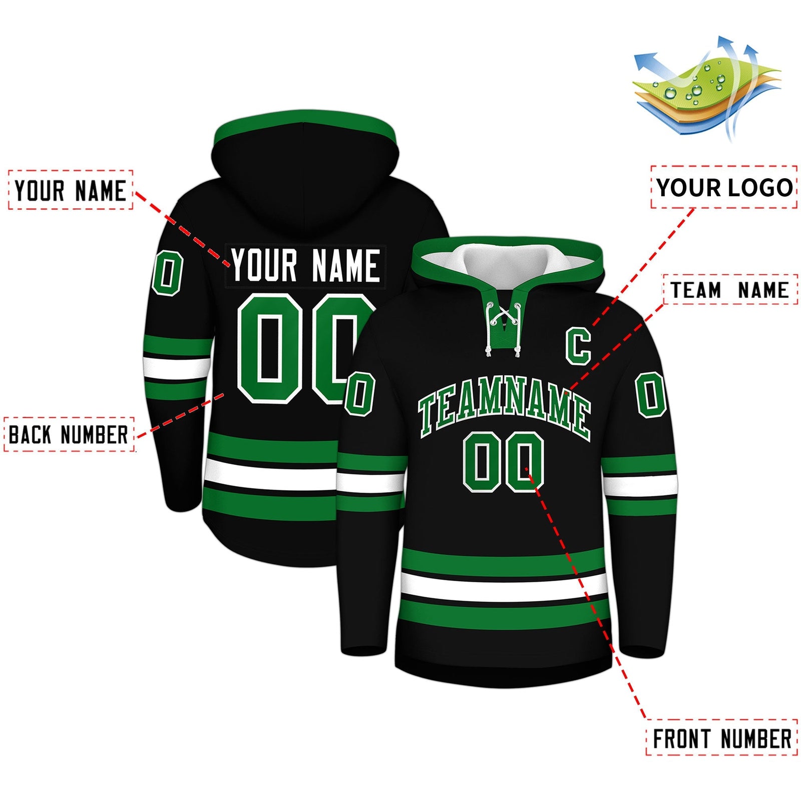 Custom Hockey Hoodie Jersey Black Kelly Green Classic Style for Men&Youth
