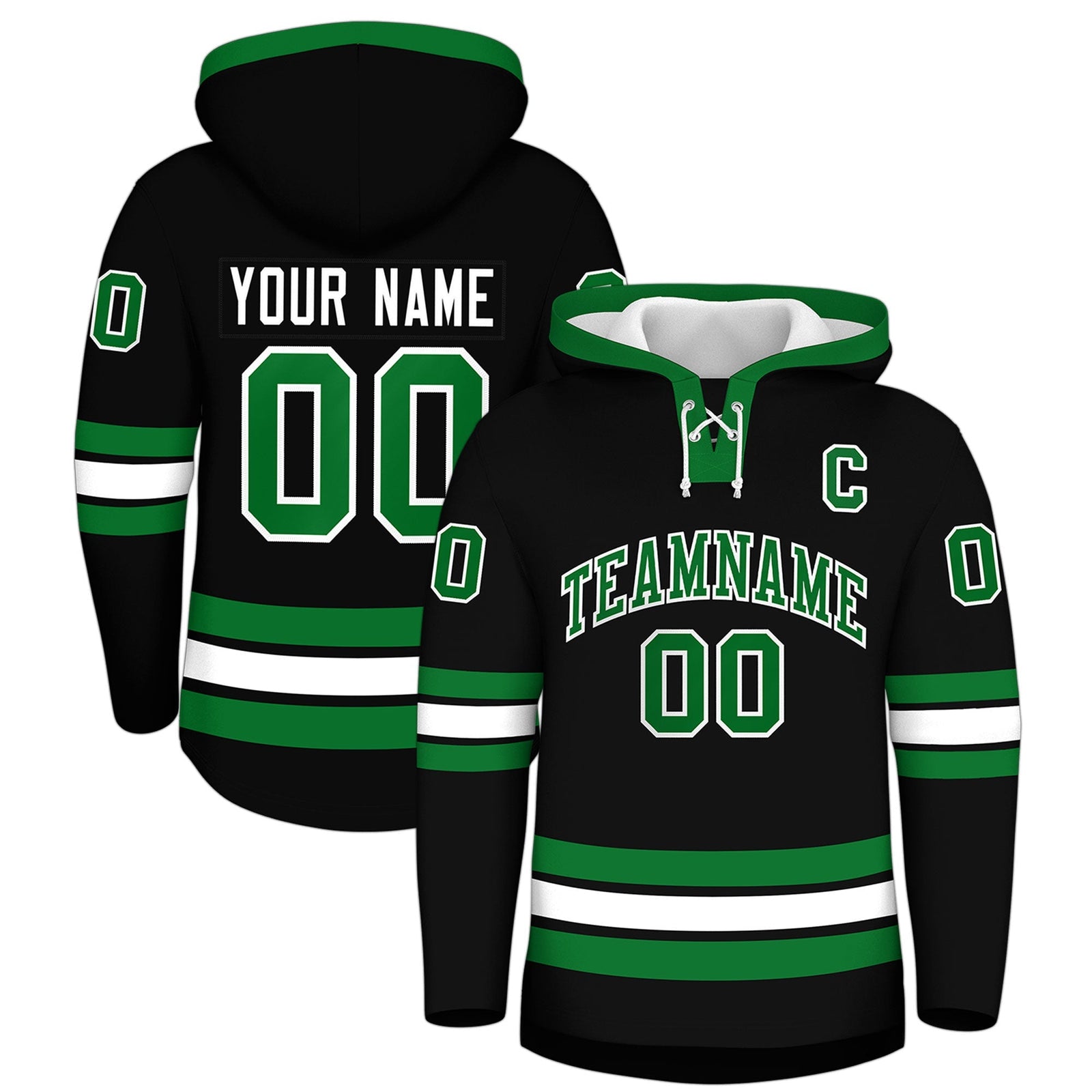 Custom Hockey Hoodie Jersey Black Kelly Green Classic Style for Men&Youth