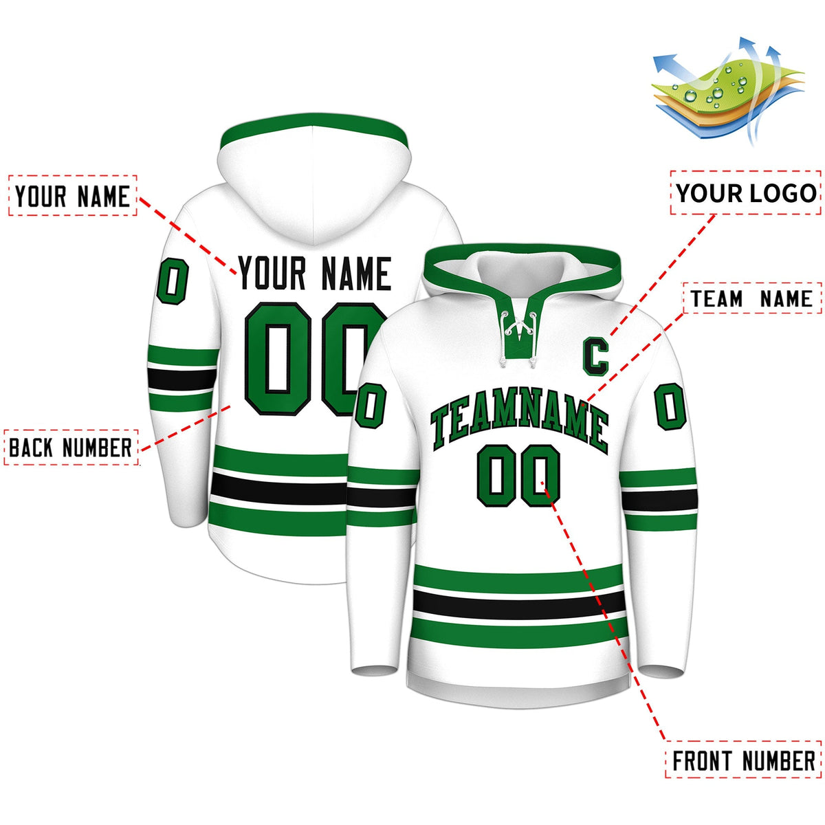 Custom Hockey Hoodie Jersey White Kelly Green Classic Style Add Name,Number &amp; Logo