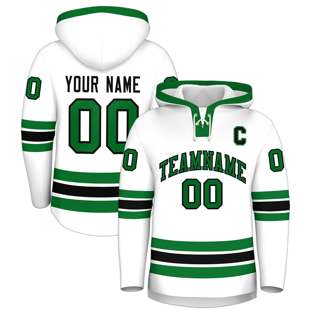 Custom Hockey Hoodie Jersey White Kelly Green Classic Style Add Name,Number &amp; Logo