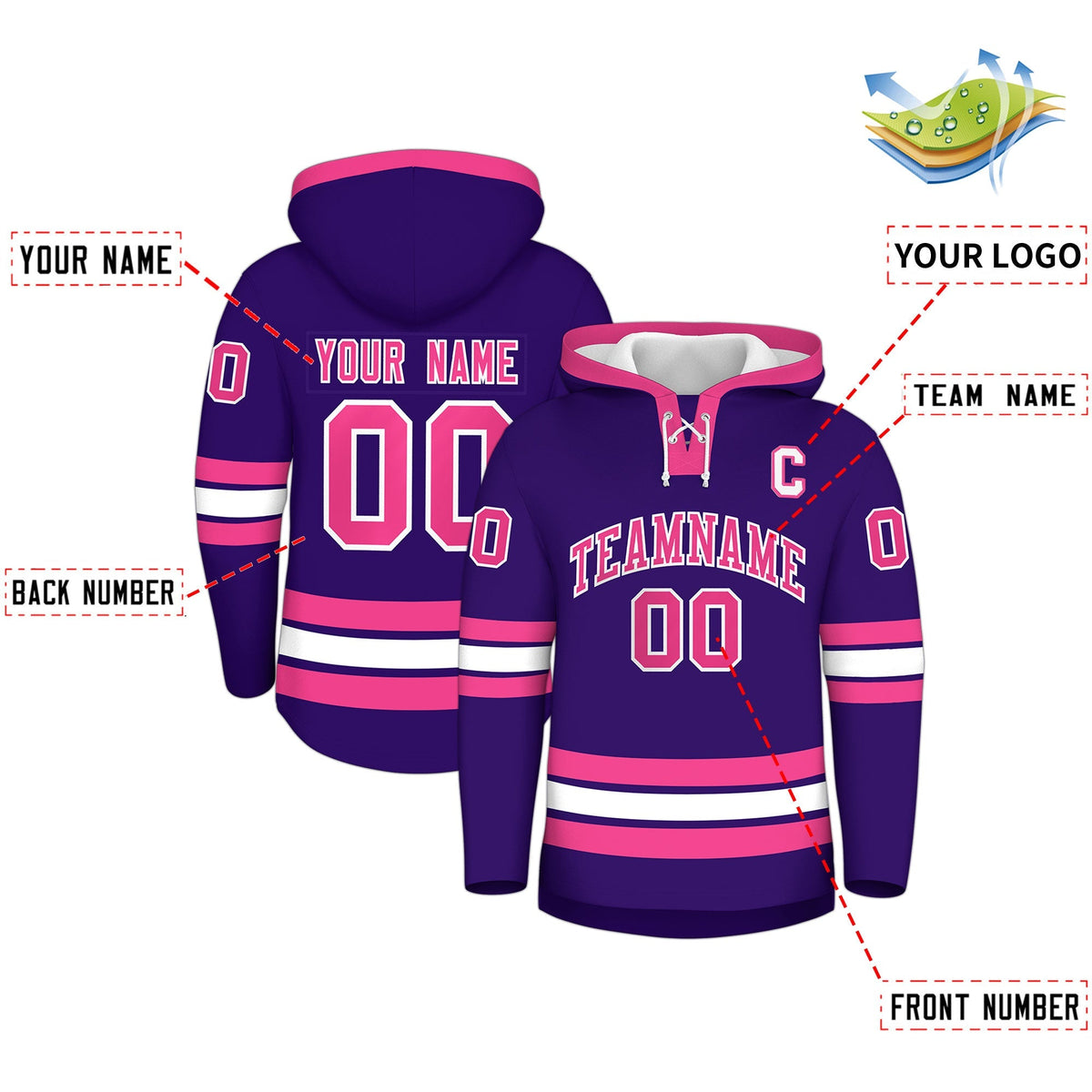 Custom Hockey Hoodie Jersey Purple Pink Classic Style for Men&amp;Youth