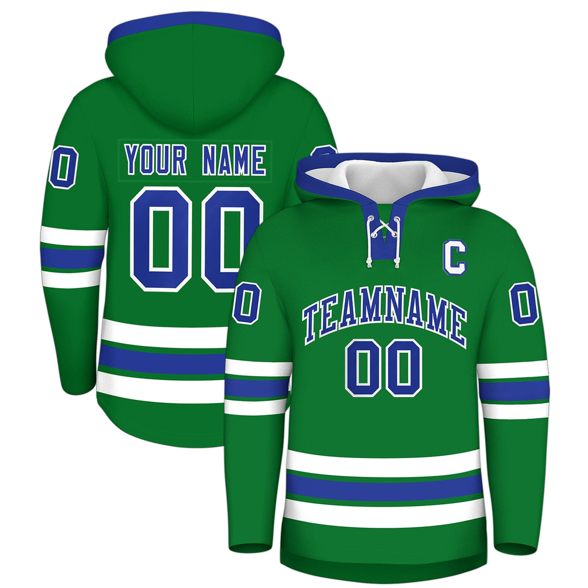 Custom Hockey Hoodie Jersey Kelly Green Royal Blue Classic Style Add Name,Number &amp; Logo
