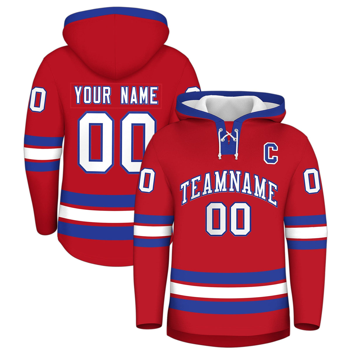 Custom Hockey Hoodie Jersey Red Royal Blue Classic Style Add Name,Number &amp; Logo
