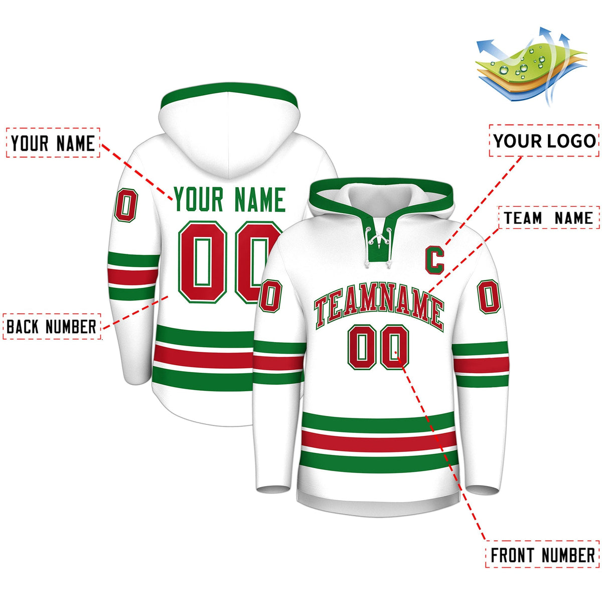 Custom Hockey Hoodie Jersey White Kelly Green Classic Style Add Name,Number &amp; Logo