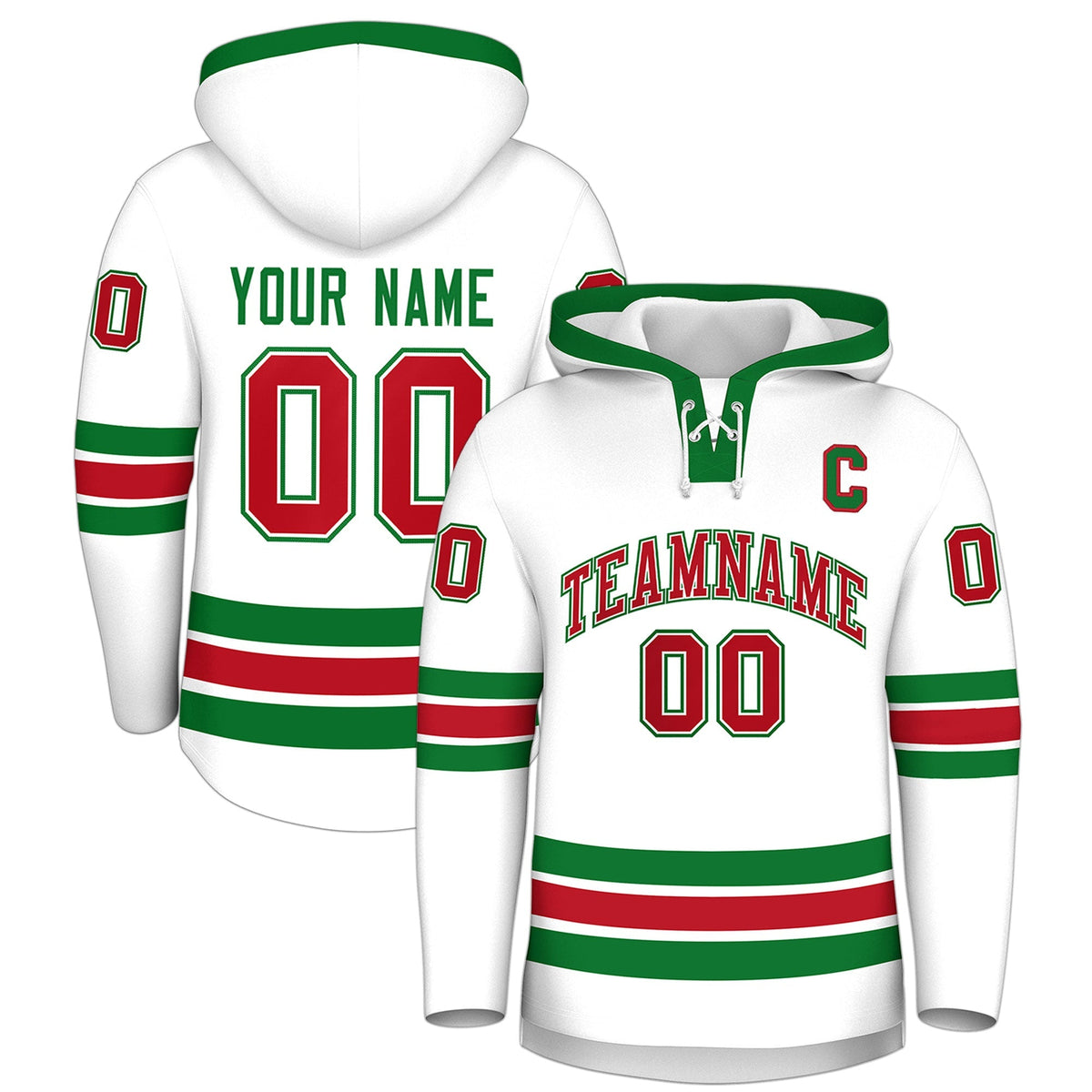 Custom Hockey Hoodie Jersey White Kelly Green Classic Style Add Name,Number &amp; Logo