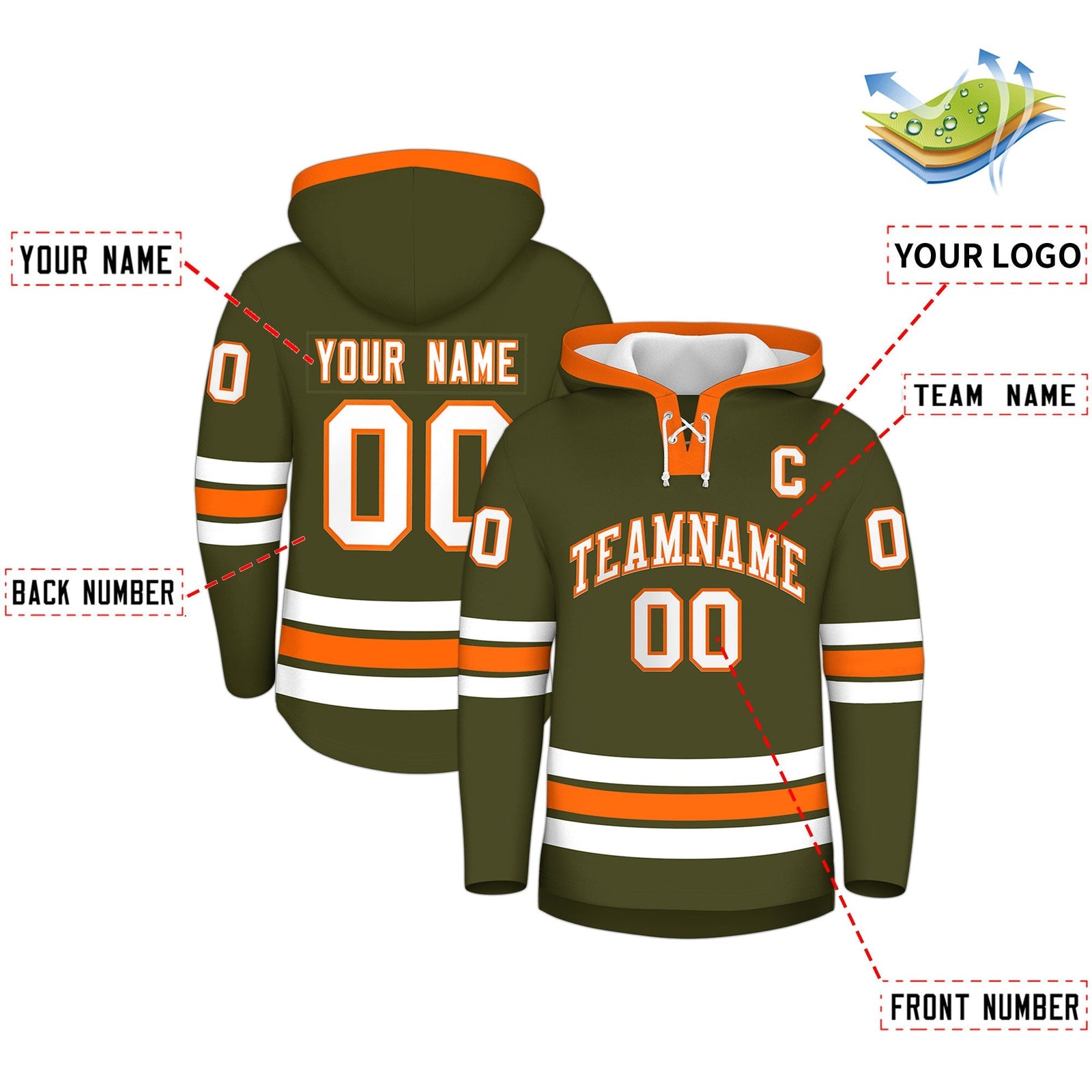 Custom Hockey Hoodie Jersey Olive Orange Classic Style for Men&Youth