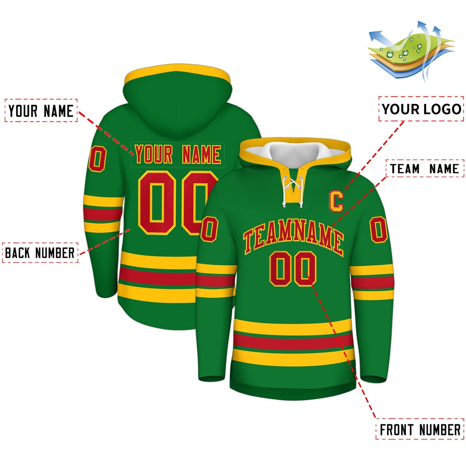 Custom Hockey Hoodie Jersey Kelly Green Red Classic Style Add Name,Number & Logo