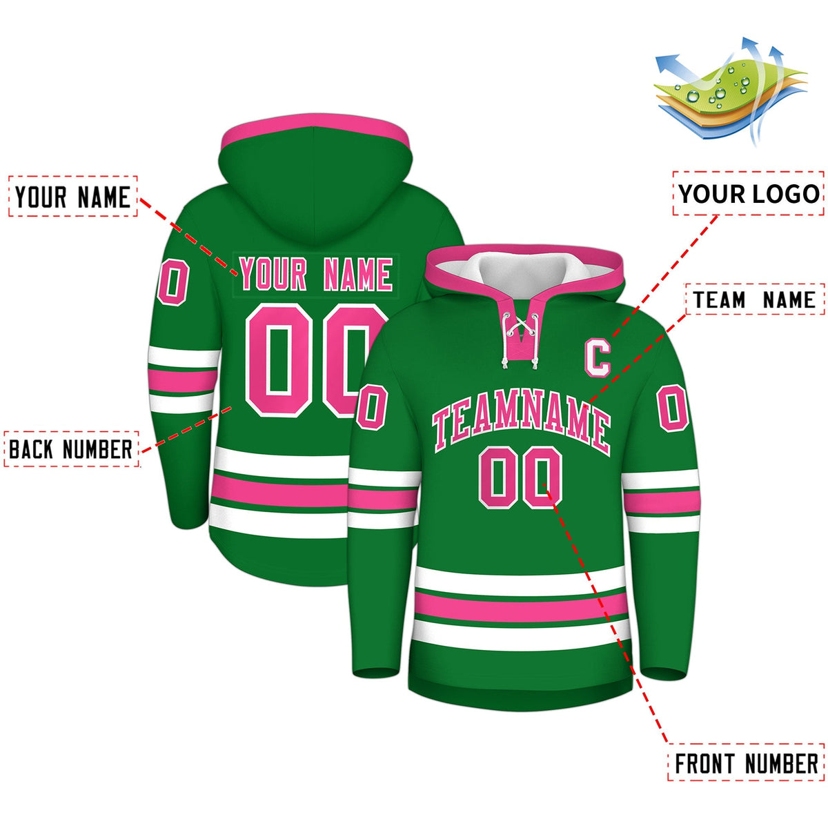 Custom Hockey Hoodie Jersey Kelly Green Pink Classic Style for Men&amp;Youth