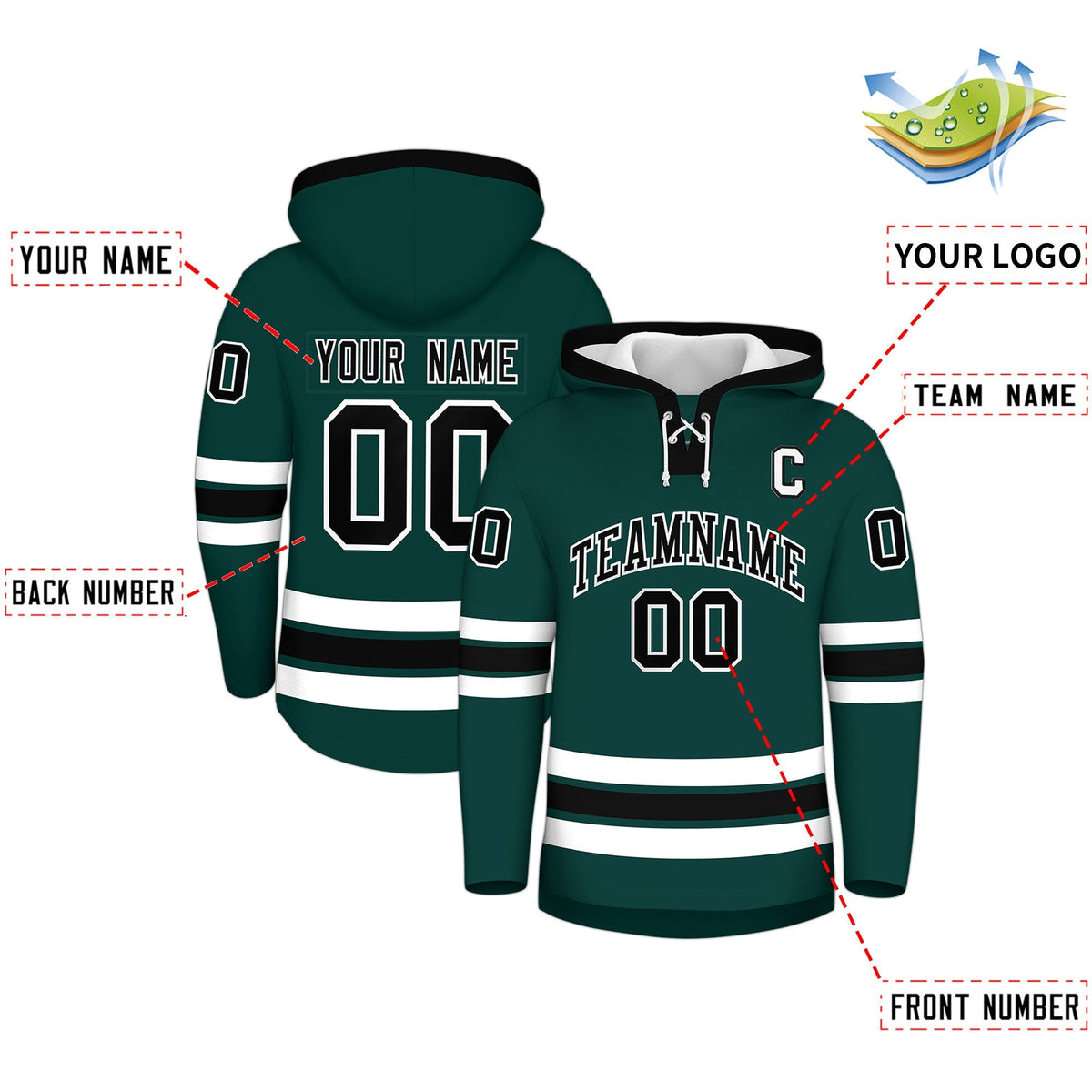 Custom Hockey Hoodie Jersey Midnight Green Black Classic Style Add Name,Number &amp; Logo