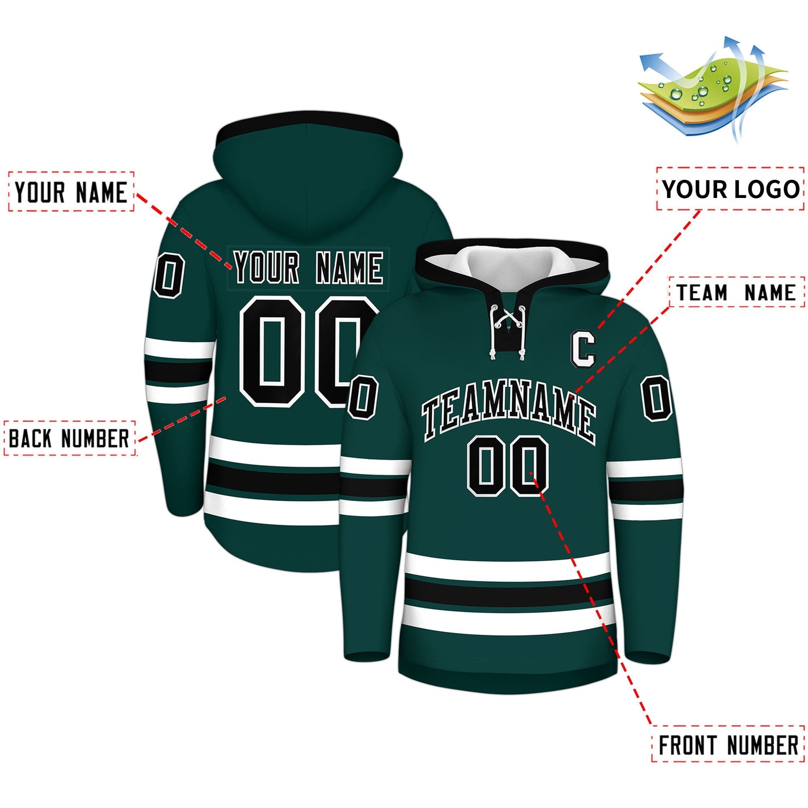 Custom Hockey Hoodie Jersey Midnight Green Black Classic Style Add Name,Number & Logo