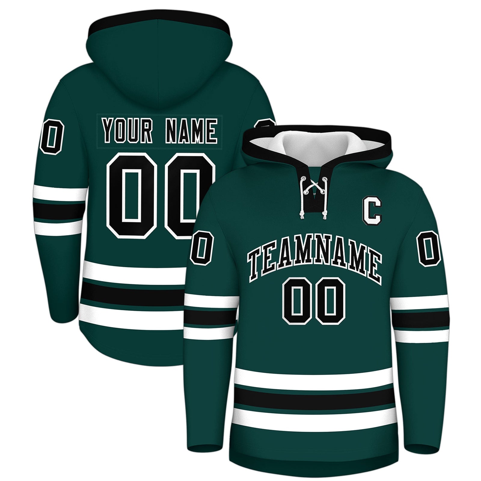 Custom Hockey Hoodie Jersey Midnight Green Black Classic Style Add Name,Number & Logo