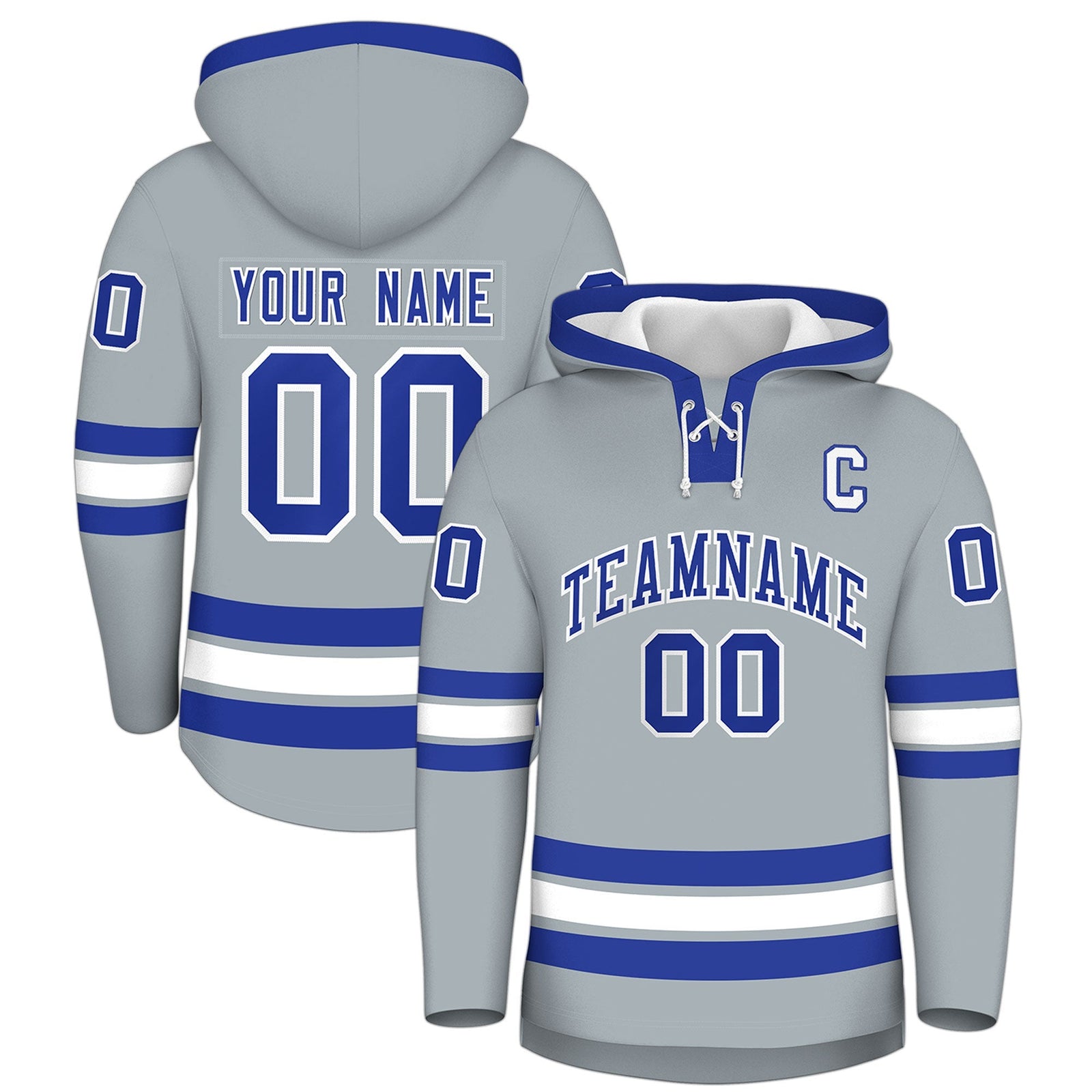 Custom Hockey Hoodie Jersey Silver Royal Blue Classic Style Add Name,Number & Logo