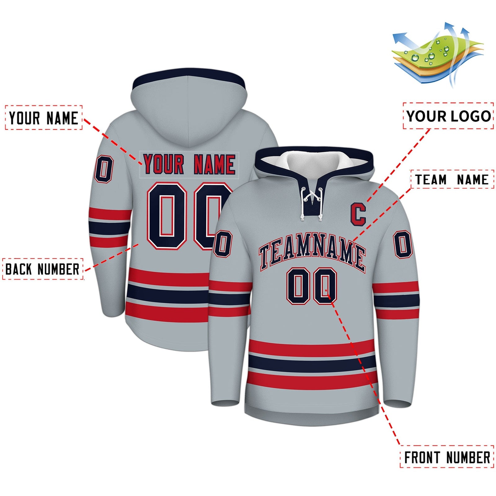 Custom Hockey Hoodie Jersey Silver Navy Classic Style Add Name,Number & Logo
