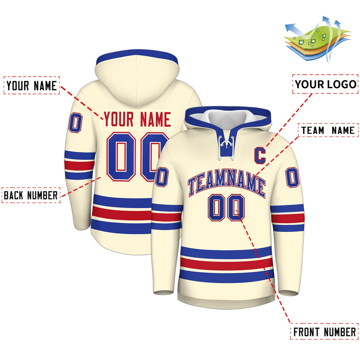Custom Hockey Hoodie Jersey Cream Royal Blue Classic Style Add Name,Number &amp; Logo