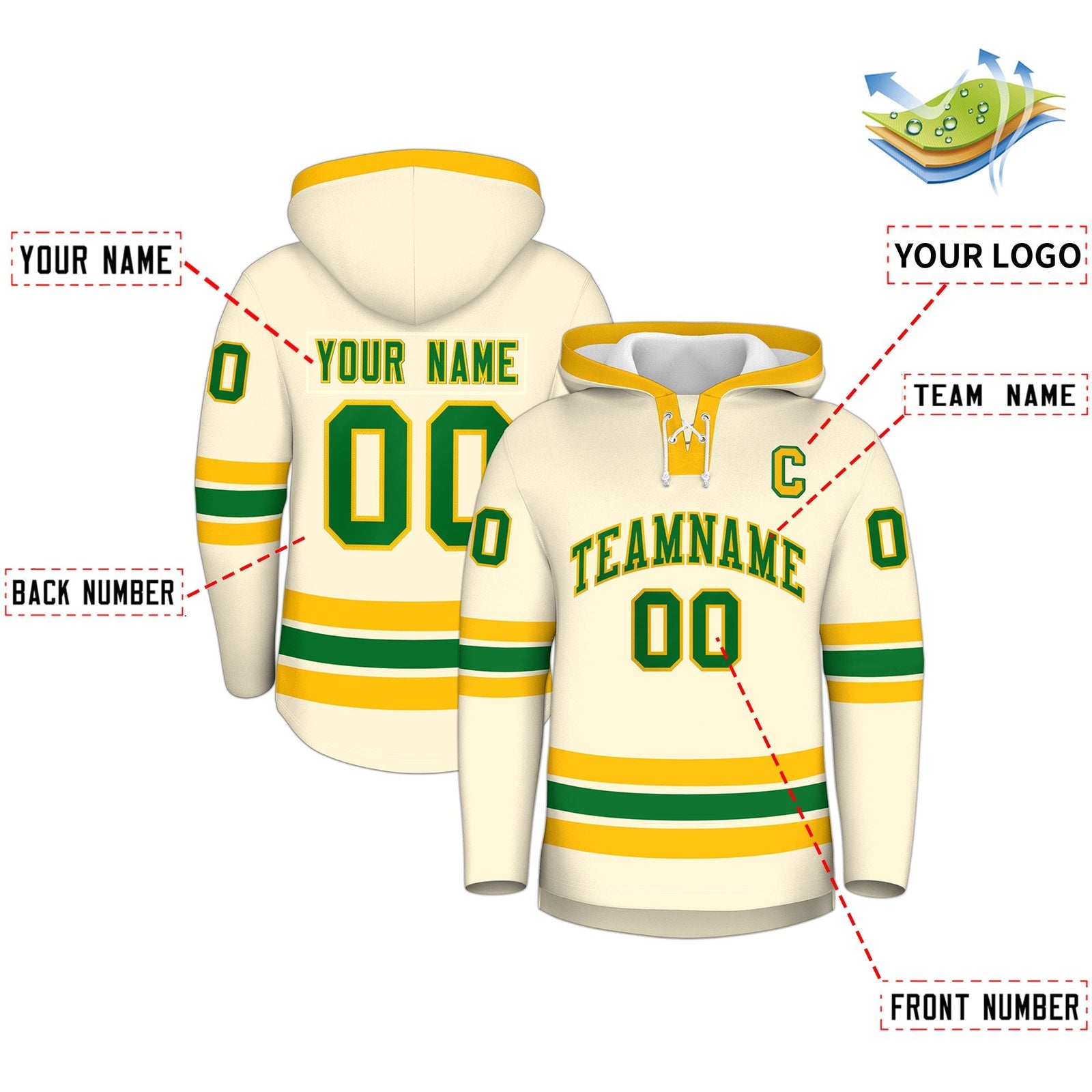 Custom Hockey Hoodie Jersey Cream Kelly Green Classic Style Add Name,Number & Logo