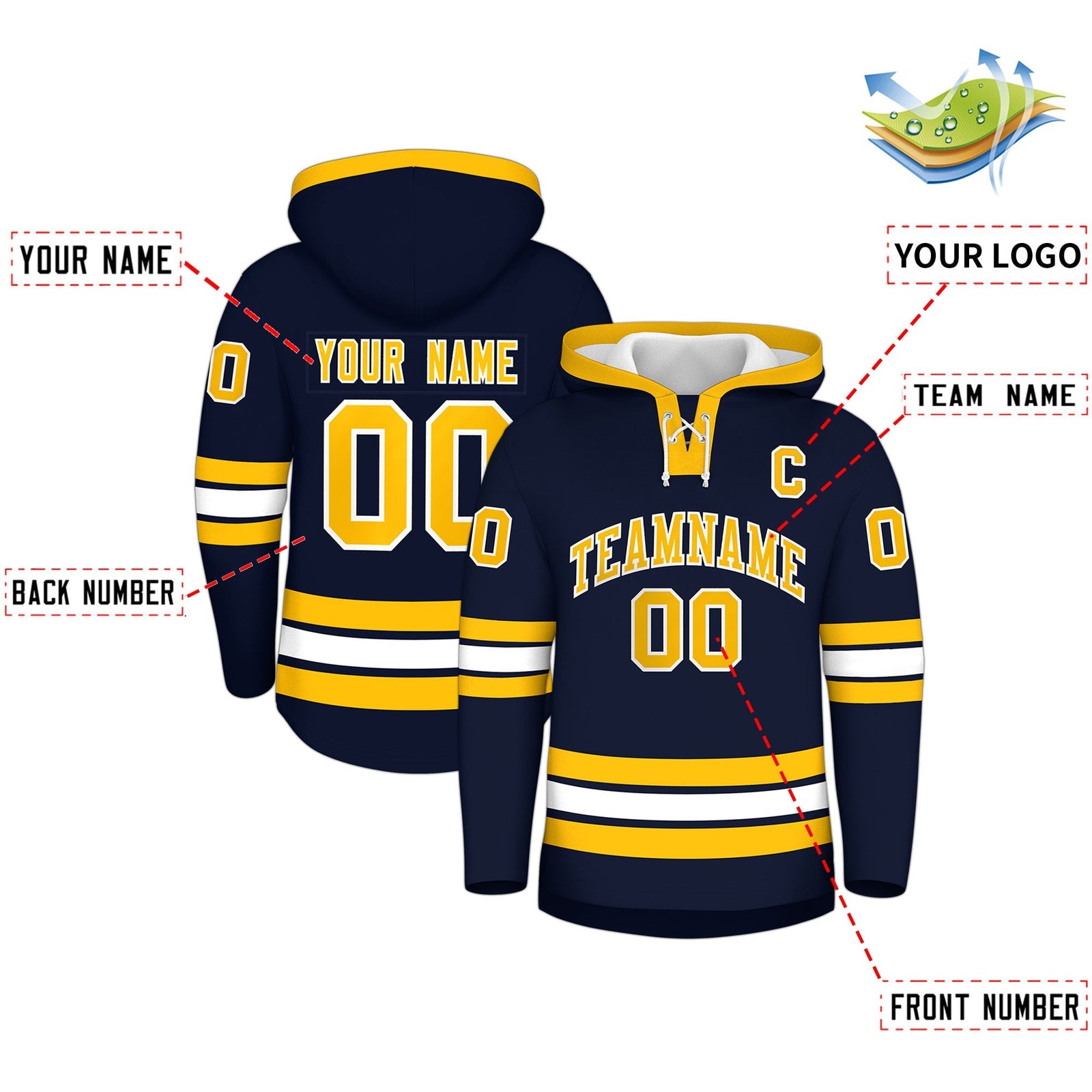 Custom Hockey Hoodie Jersey Navy White Classic Style Add Name,Number & Logo