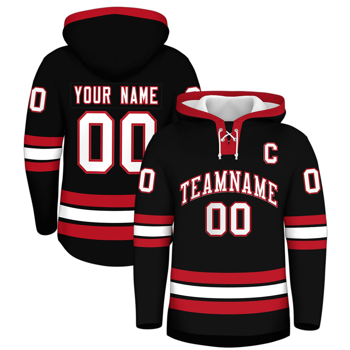 Custom Hockey Hoodie Jersey Black Red Classic Style Add Name,Number &amp; Logo