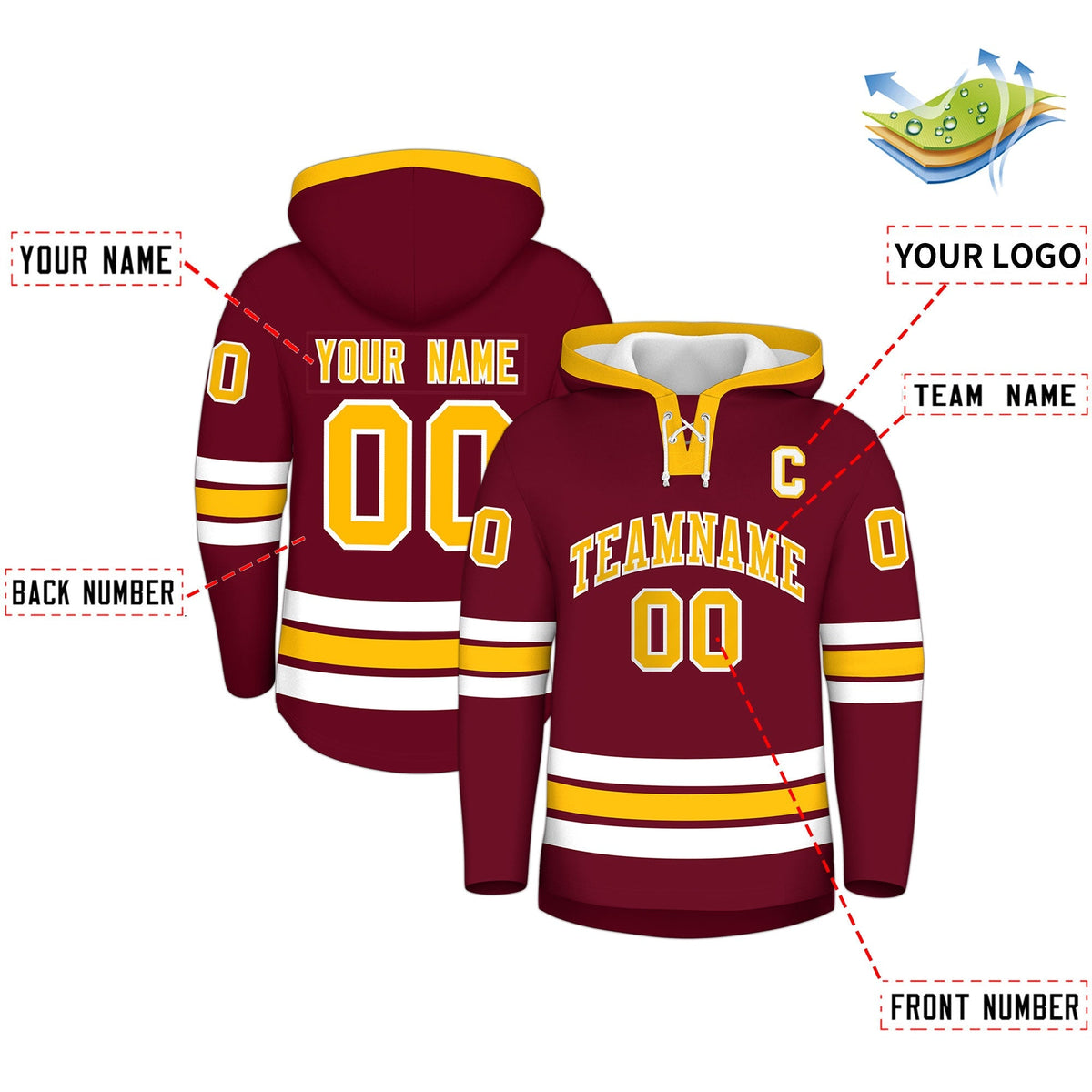 Custom Hockey Hoodie Jersey Crimson Gold Classic Style Add Name,Number &amp; Logo