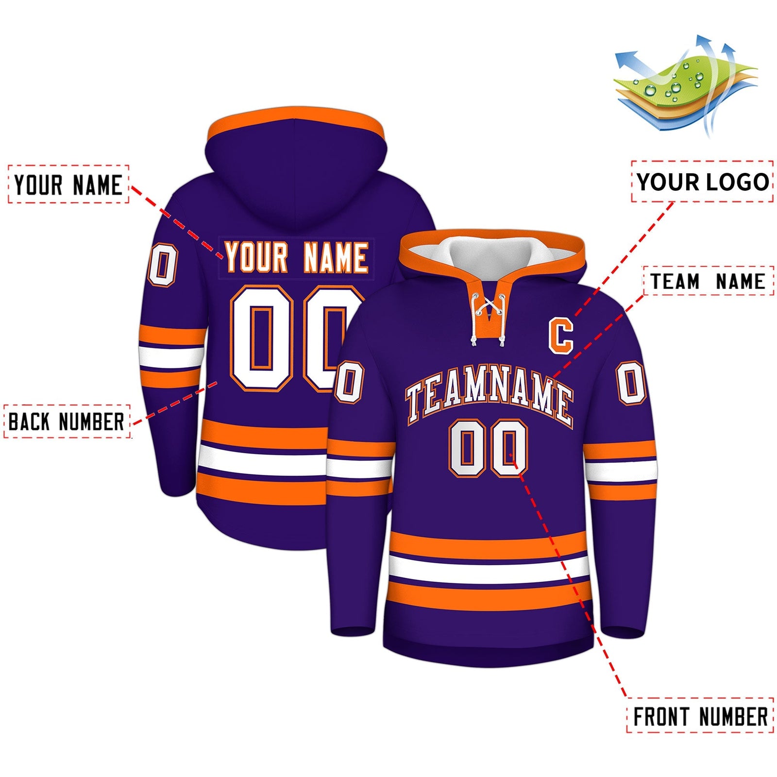 Custom Hockey Hoodie Jersey Purple Orange Classic Style Add Name,Number & Logo