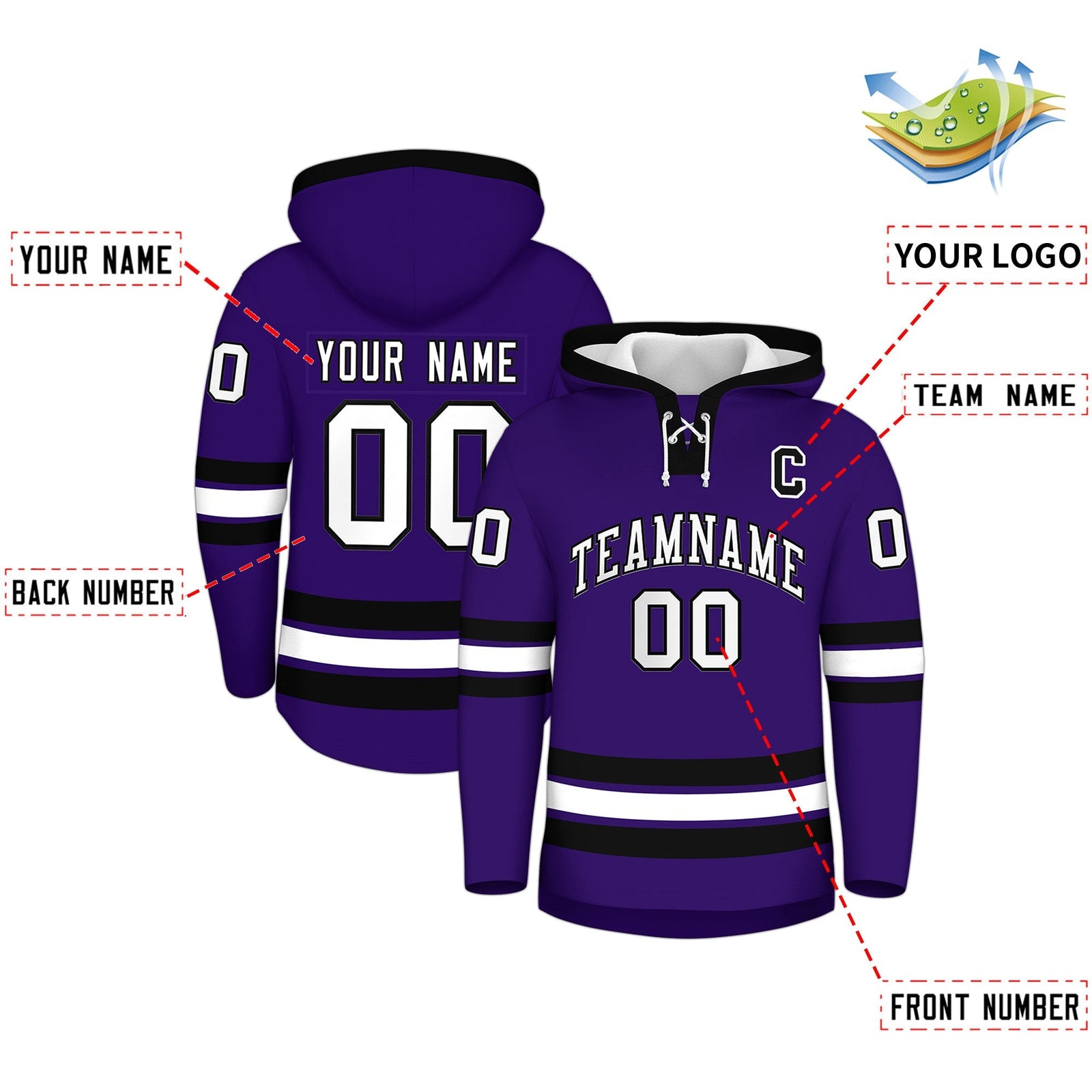 Custom Hockey Hoodie Jersey Purple Black Classic Style Add Name,Number & Logo