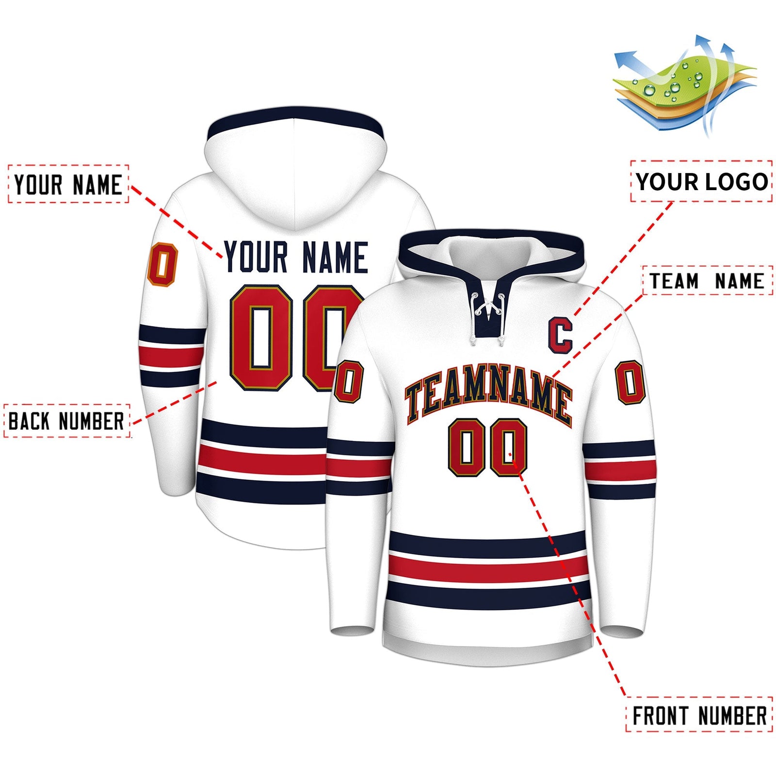 Custom Hockey Hoodie Jersey White Navy Classic Style Add Name,Number & Logo