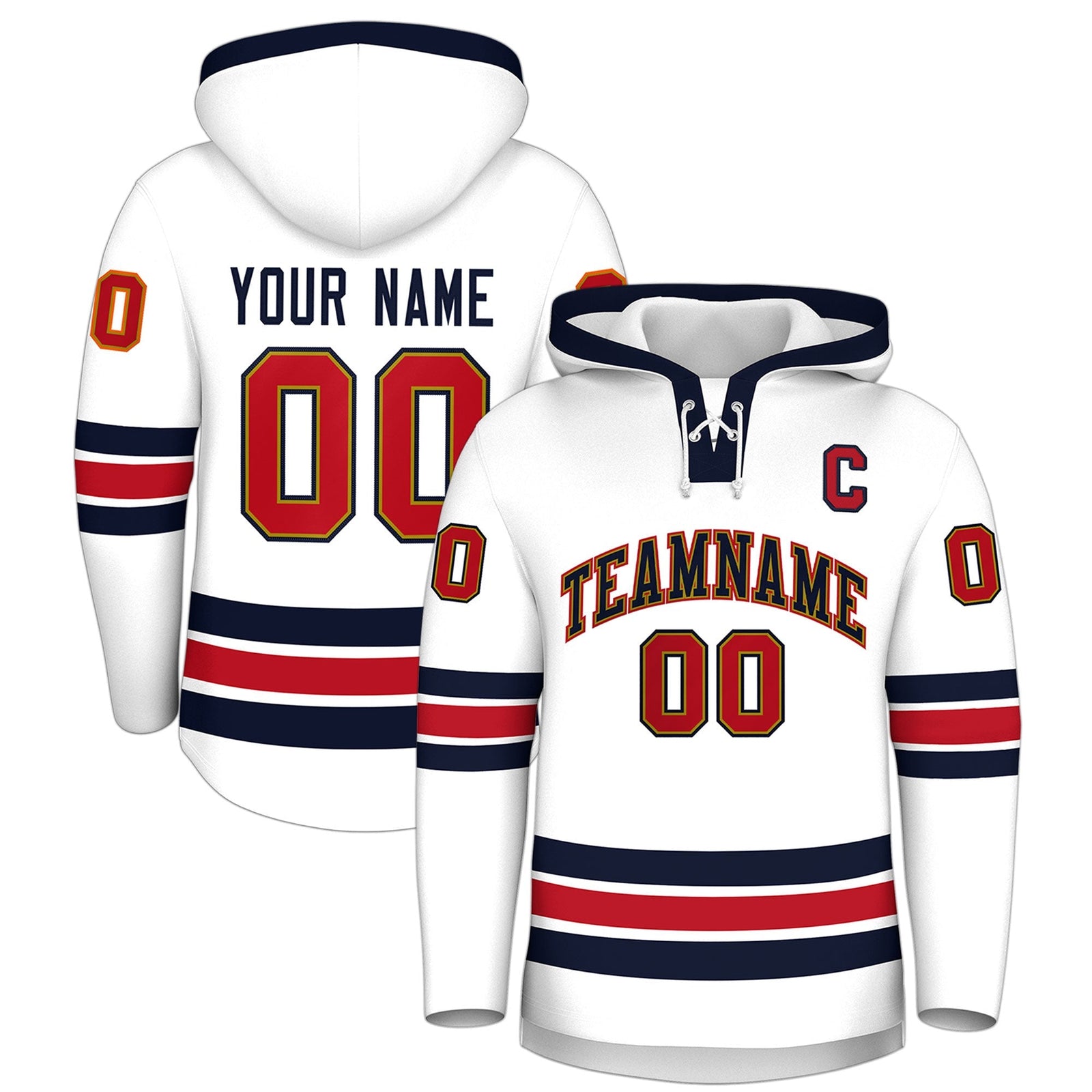 Custom Hockey Hoodie Jersey White Navy Classic Style Add Name,Number & Logo