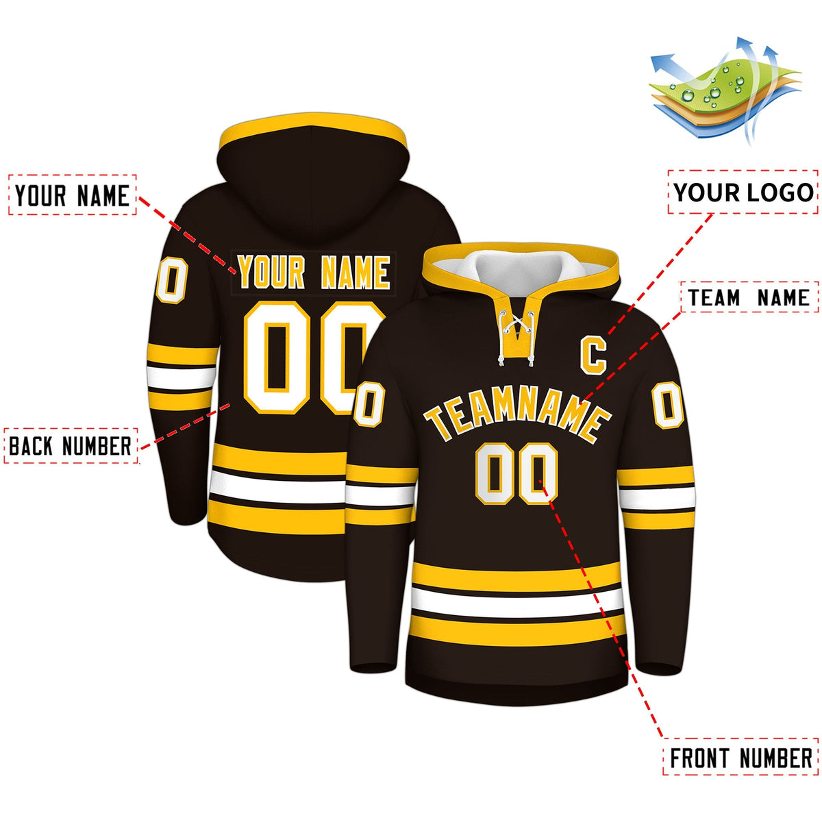 Custom Hockey Hoodie Jersey Brown Gold Classic Style Add Name,Number &amp; Logo