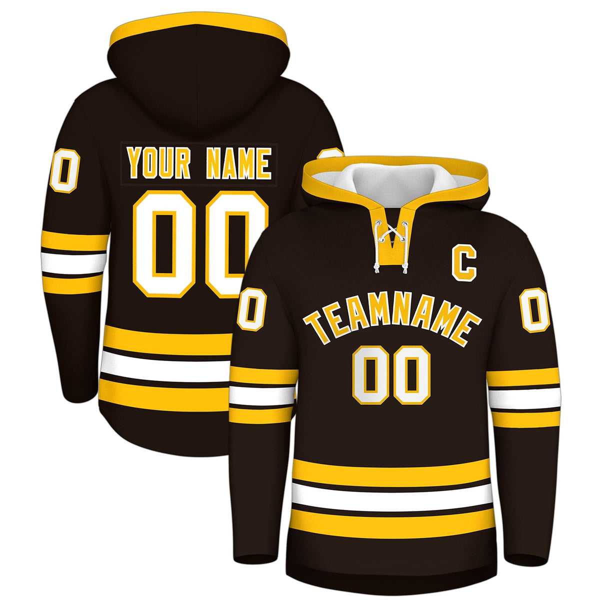 Custom Hockey Hoodie Jersey Brown Gold Classic Style Add Name,Number &amp; Logo