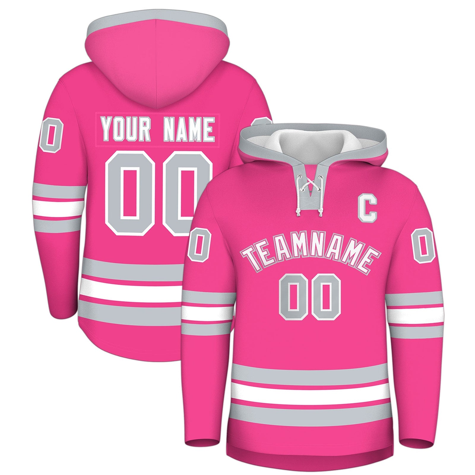 Custom Hockey Hoodie Jersey Pink Silver Classic Style Add Name,Number & Logo