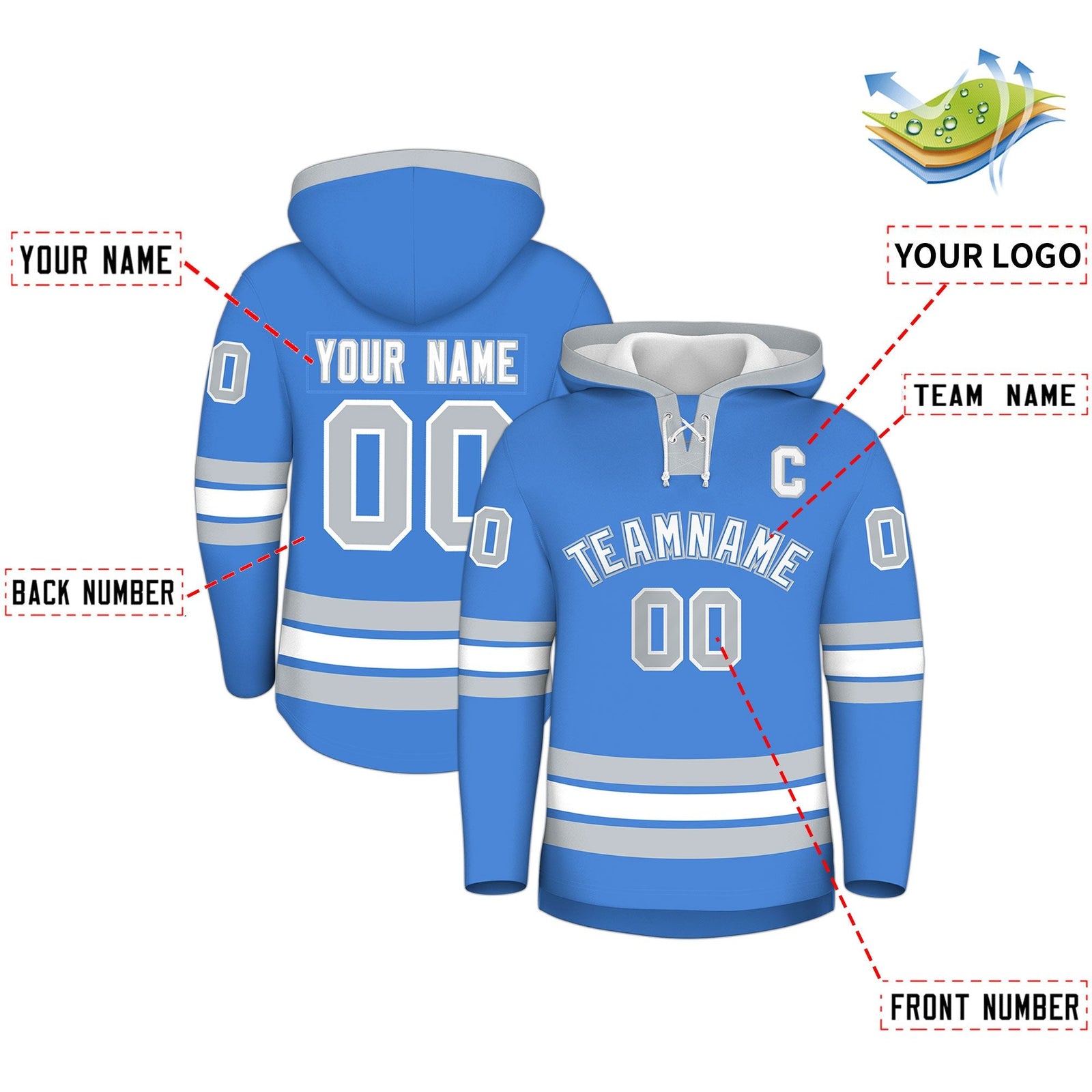 Custom Hockey Hoodie Jersey Powder Blue Silver Classic Style for Men&Youth