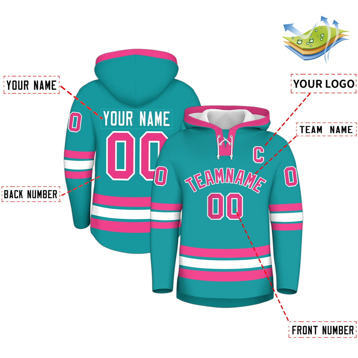 Custom Hockey Hoodie Jersey Aqua Pink Classic Style Add Name,Number &amp; Logo