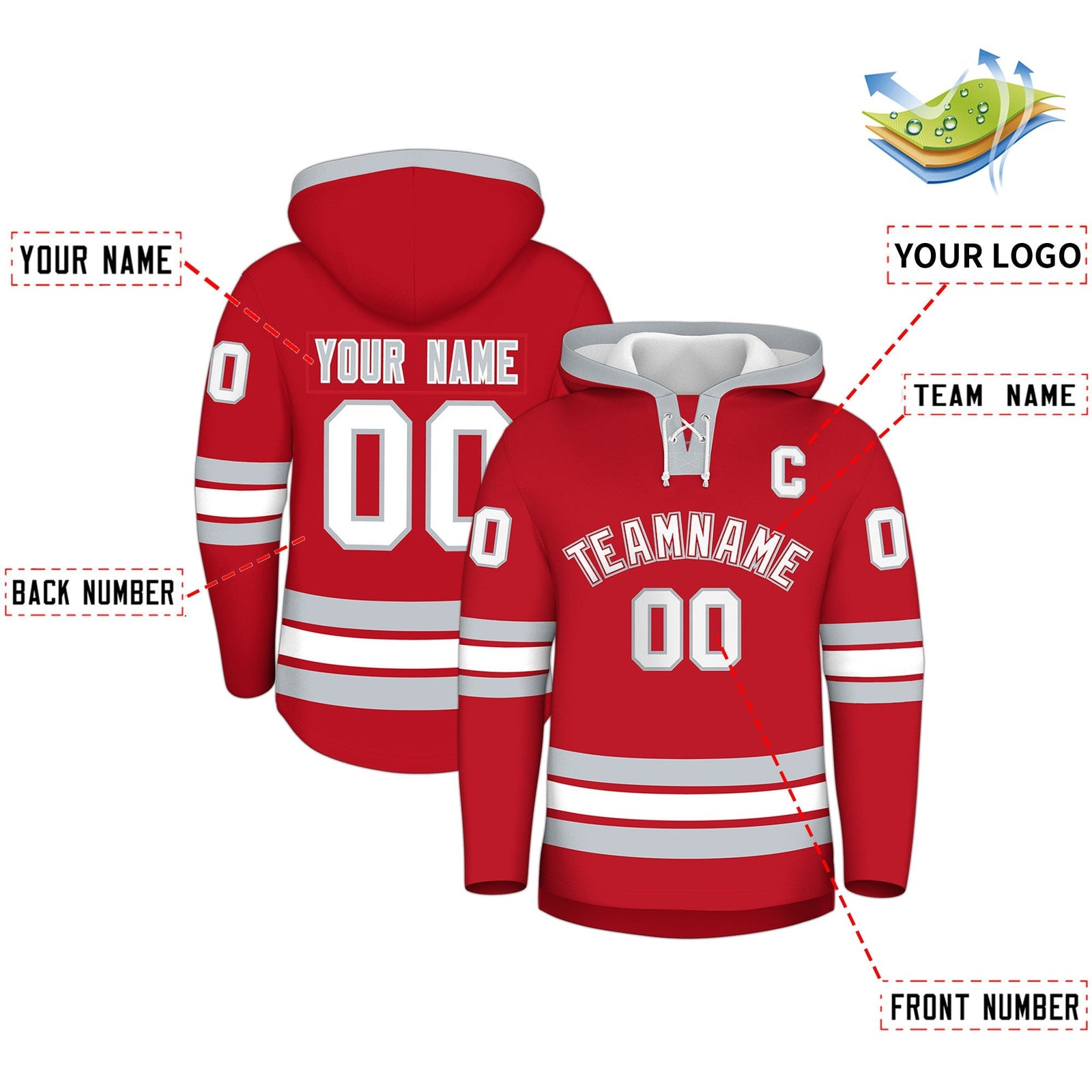 Custom Hockey Hoodie Jersey Red Silver Classic Style Add Name,Number & Logo