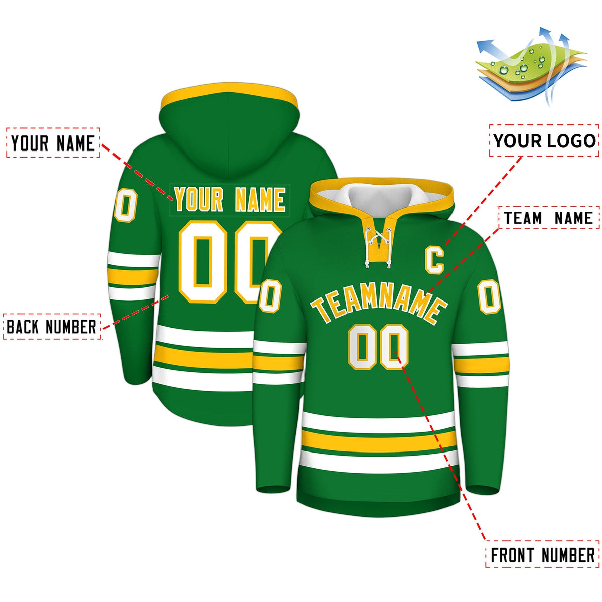 Custom Hockey Hoodie Jersey Kelly Green Gold Classic Style for Men&amp;Youth