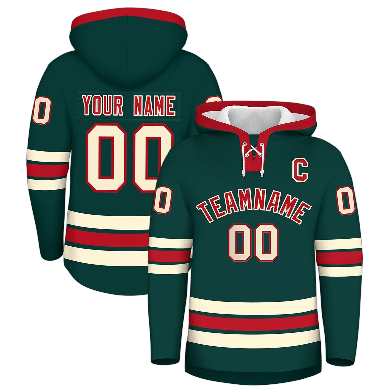 Custom Hockey Hoodie Jersey Midnight Green Red Classic Style Add Name,Number & Logo