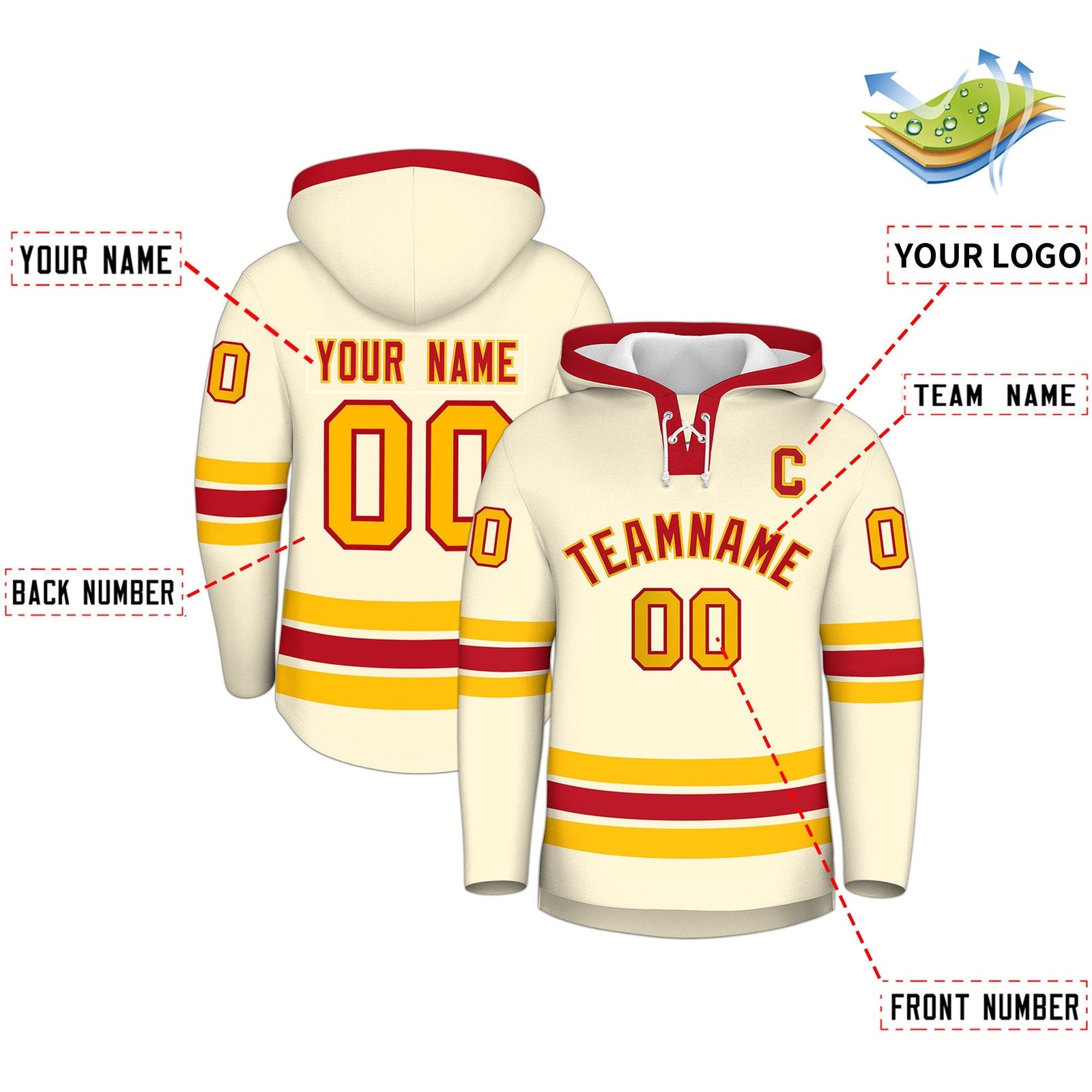 Custom Hockey Hoodie Jersey Cream Red Classic Style Add Name,Number & Logo