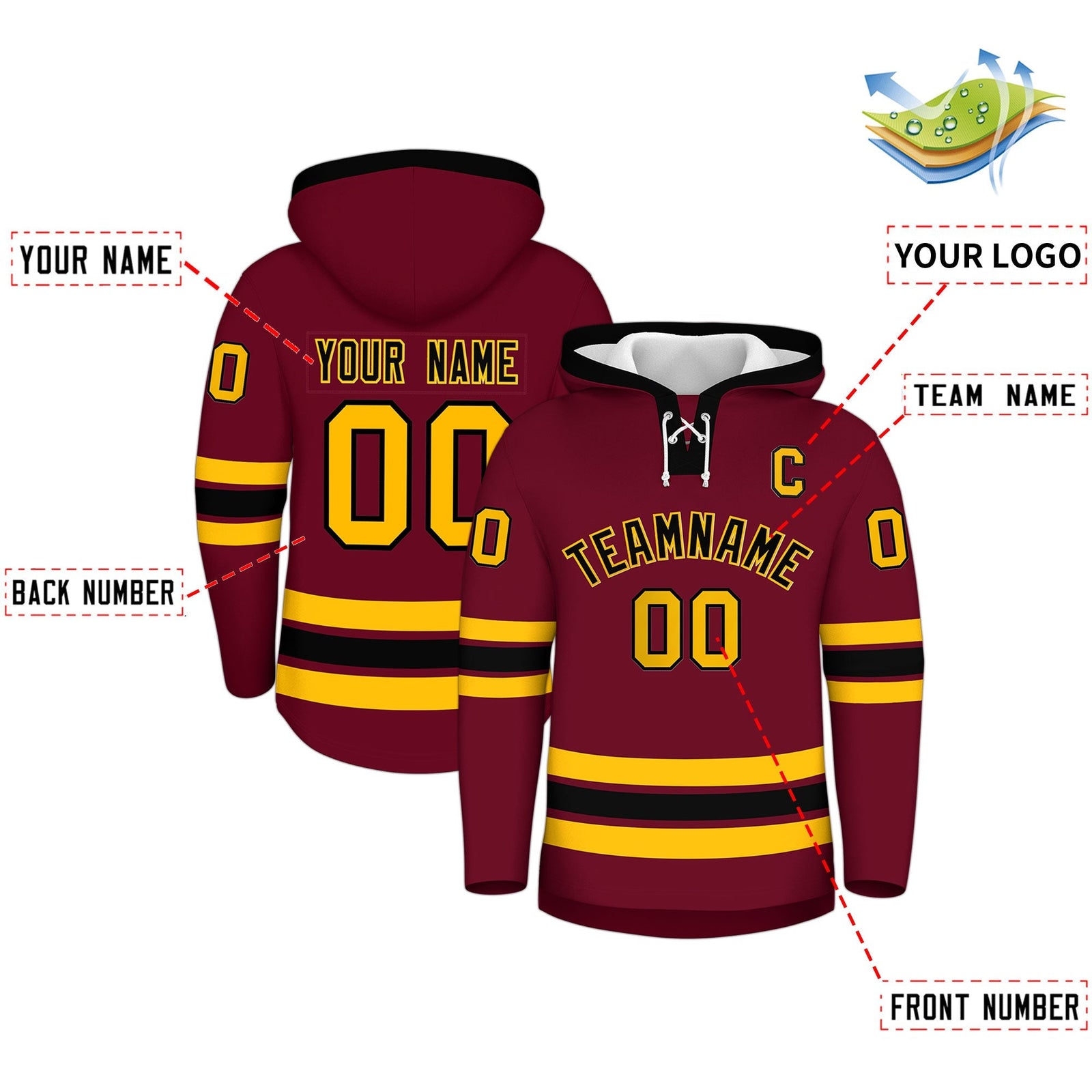 Custom Hockey Hoodie Jersey Crimson Black Classic Style Add Name,Number & Logo