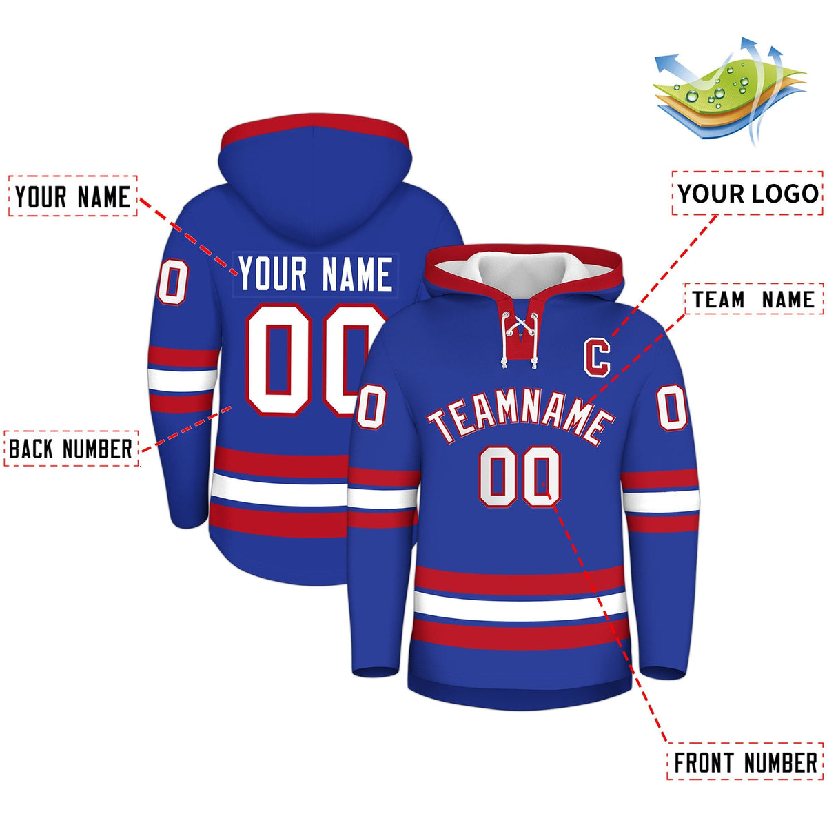 Custom Hockey Hoodie Jersey Royal Blue Red Classic Style Add Name,Number &amp; Logo