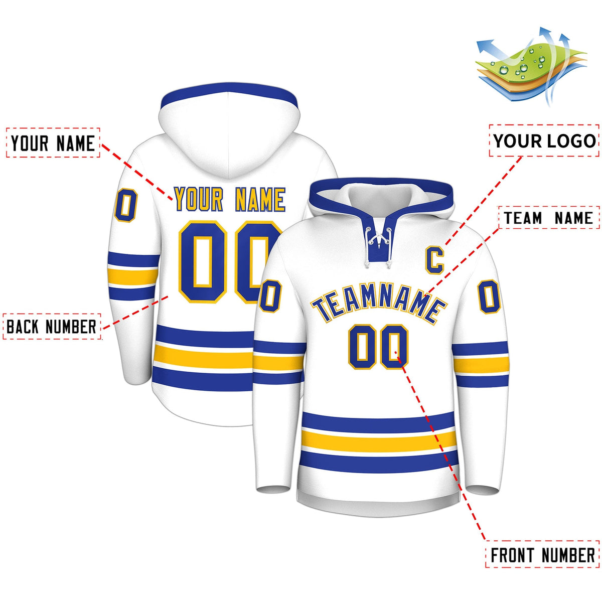 Custom Hockey Hoodie Jersey White Royal Blue Classic Style Add Name,Number &amp; Logo