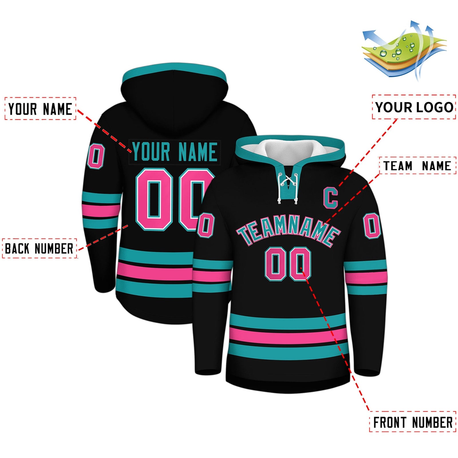 Custom Hockey Hoodie Jersey Black Aqua Classic Style Add Name,Number & Logo