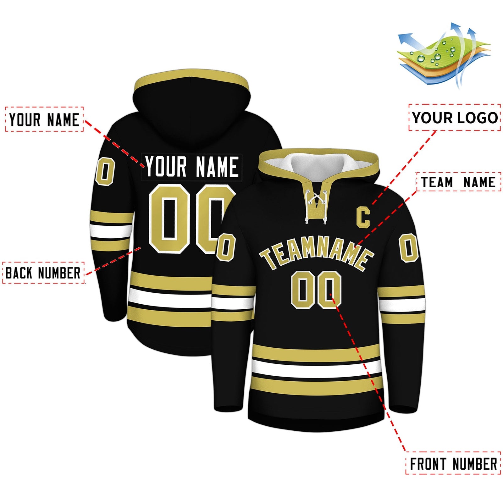 Custom Hockey Hoodie Jersey Black Old Gold Classic Style for Men&Youth