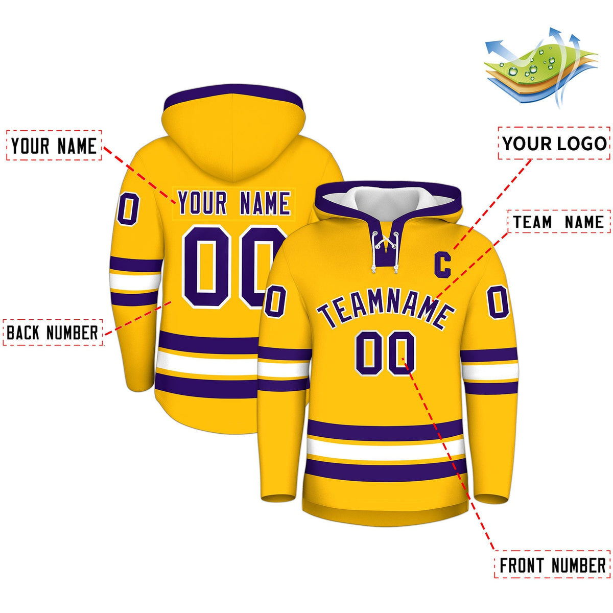 Custom Hockey Hoodie Jersey Gold Purple Classic Style Add Name,Number &amp; Logo